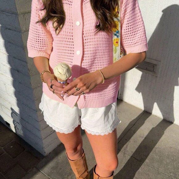 Pink Casual Women's Round Neck Short Sleeved Hollow Knitted Cardigan - Picture 2 of 9